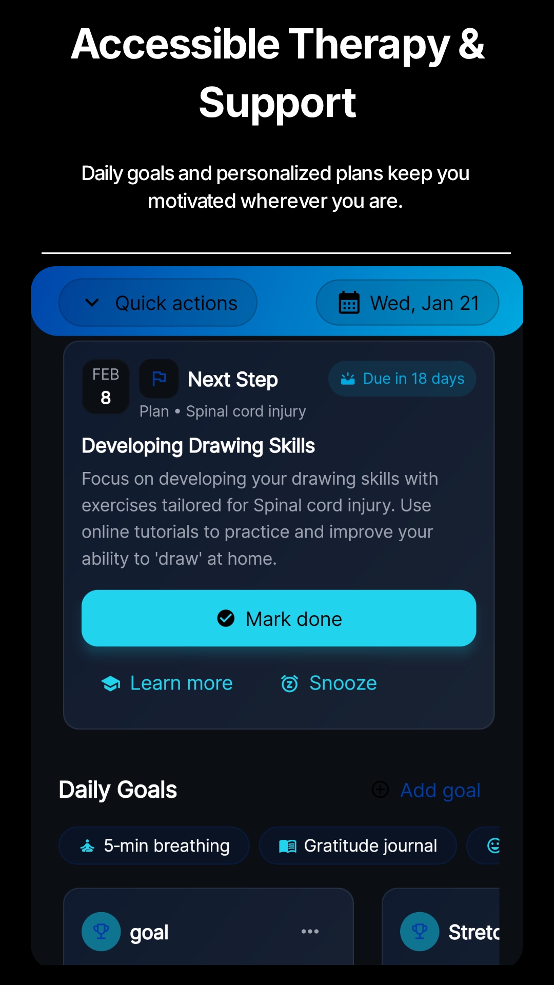 App interface showing next step card
